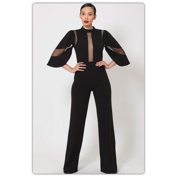 Black Semi Sheer Jumpsuit - Picture 2 of 7